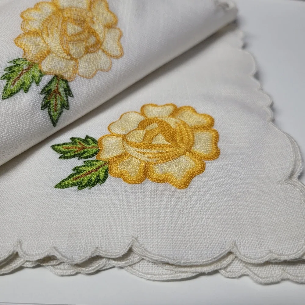 Embroidered Yellow Rose Linen Napkins Set 6 Scalloped Edge Vintage Decor‎ 34 in